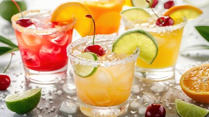 Lime margarita, orange margarita and cherry margarita cocktail mix in salt rimmed glasses garnished with slices of lime, orange and cherries. Selective focus on the lime slice