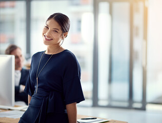 Business, woman and happy portrait in office with confidence for creative intern and copywriting...