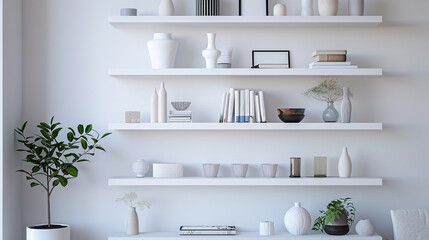 A minimalist design wall featuring sleek shelves holding curated decor.