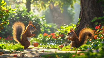 The Whimsical Play of Squirrels in a Sunlit, Verdant Garden: A Scene Of Nature's Innocent Cheerfulness