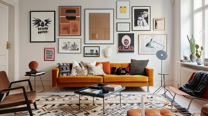A modern living room with an artfully arranged gallery wall.