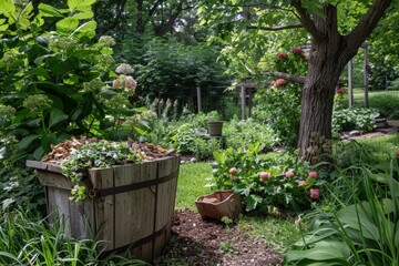 Lush garden with composting bin at corner