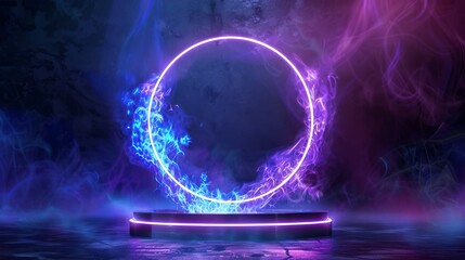 Magic fantasy portal. Round light frame, Futuristic teleport. light effect. Blue, purple, neon lights illuminate the night scene with sparks on a transparent background. Light effect of podium