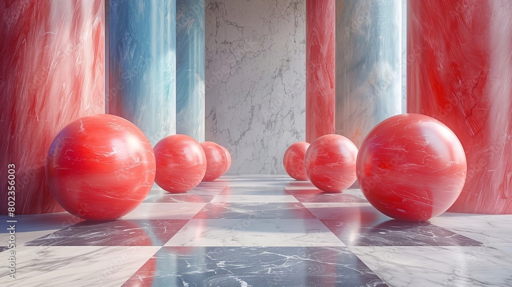 Poster abstract background with marble columns and spheres on marble floor