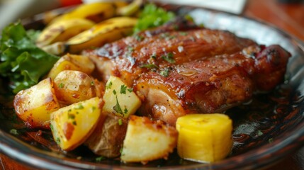 The cuisine of Bolivia. Pork belly "Lechin al horno" with potatoes and fried bananas.