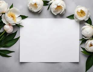 Beautiful White Peony Flowers on Neutral background with paper for text. Condolance Card, Funeral flower, Sympathy card