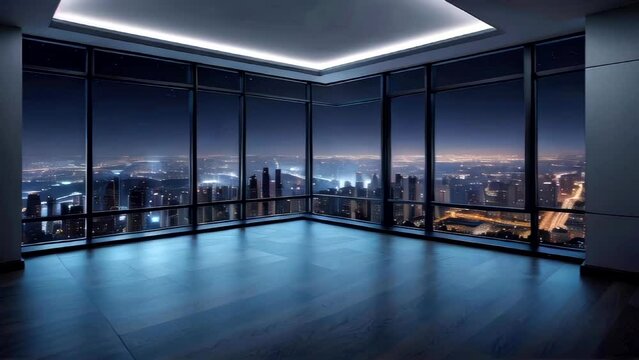 Empty room in a skyscraper with a view of the night city. Expensive property with a beautiful view.