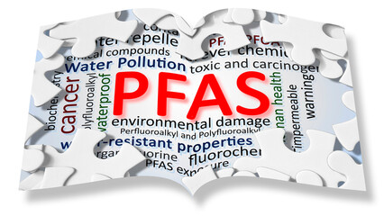 PFAS word keywords cloud concept - Dangerous Perfluoroalkyl and Polyfluoroalkyl substances used in products and materials due to their enhanced water-resistant properties