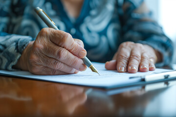 Elderly senior woman signing papers, legal documents, will, inheritance.