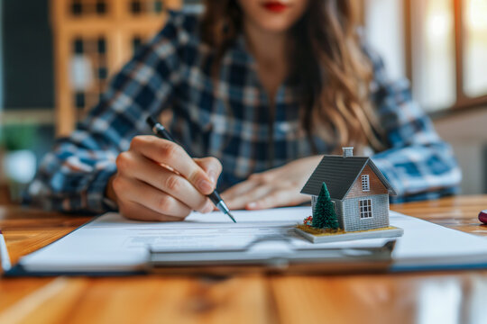 Detail of woman signing mortgage contract, personal loan with a small miniature cabin.