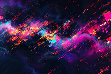 A contemporary background with a dynamic, digital glitch art pattern in vibrant neon colors against a dark, moody backdrop.