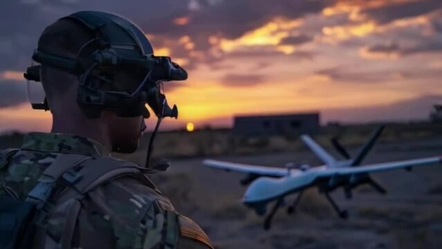 Soldier Watching Military Drone Take Off at Sunset