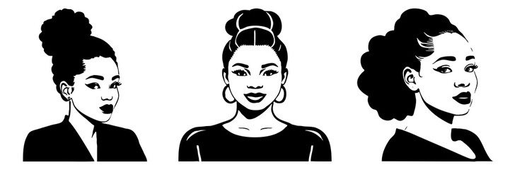 Fictional female character. Black and white illustration. Logo design for use in graphics. Generated by Ai