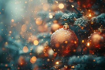 Christmas background with christmas tree and decorations on bokeh background - obrazy, fototapety, plakaty
