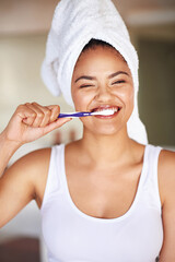 Smile, hygiene and portrait of woman with toothbrush for morning dental health routine in bathroom. Happy, wellness and female person with oral care product for plaque, gums and fresh breath at home.