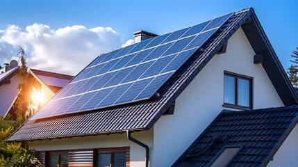 Fototapeta premium Solar panels on the roof of a modern house, providing clean and sustainable energy for the home