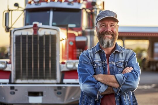 A man in a blue jacket is smiling and posing in front of a red semi truck