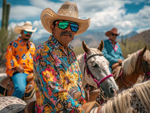 a mexican cowboy or narcos with hawayan shirt on a horse in the american desert valley
