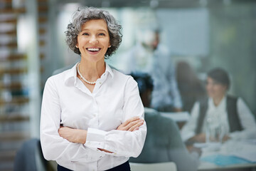 Businesswoman, mature and office with smile in portrait with arms crossed in law firm for trust....