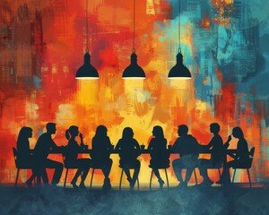 The painting is full of bright colors and has a lively atmosphere