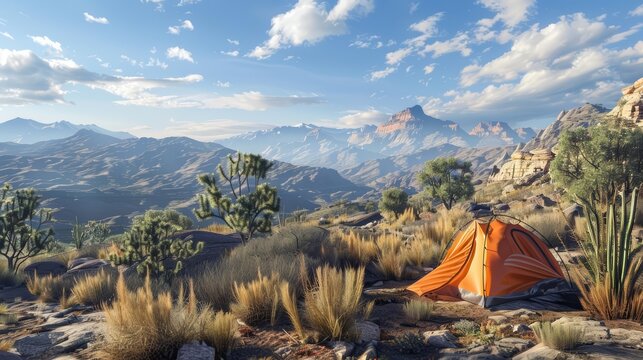 oasis with a virtual reality long shot of wilderness camping, featuring unique camera perspectives that evoke a sense of adventure and awe Perfect for showcasing the bea