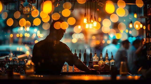 the silhouette of a bartender at a party. Generative ai