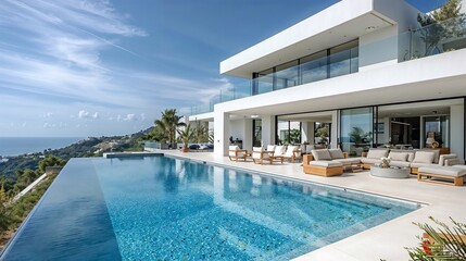 White luxury modern home with outdoor pool set against a backdrop of green hills and sky. Generative ai