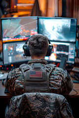 US Army Officer Analyzing Data on Multiple Screens in a High-Tech Military Facility