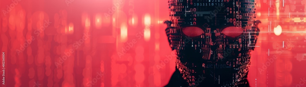 Poster a man's face is shown in a computer generated image with a red background