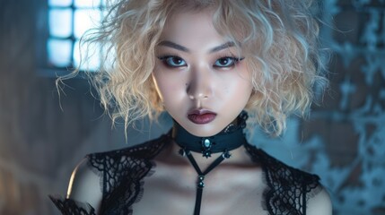 Teen Chinese Woman with Blond Curly Hair Goth style Illustration.