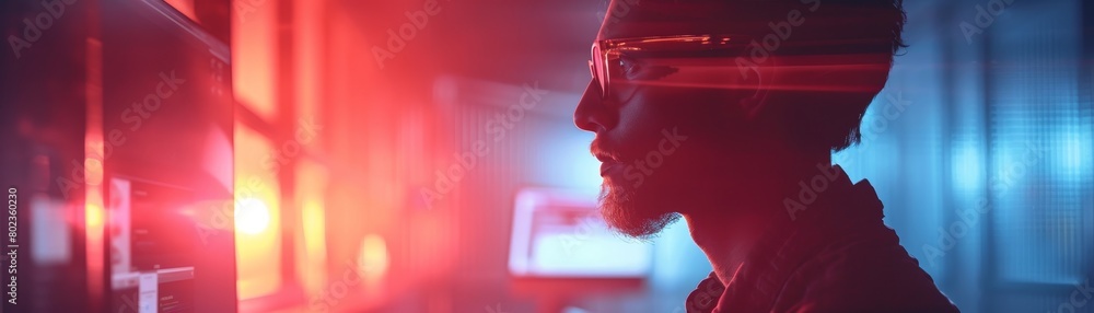 Poster a man is sitting in front of a computer monitor with a red background