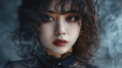 Fototapeta premium Teen Chinese Woman with Brown Curly Hair Goth style Illustration.