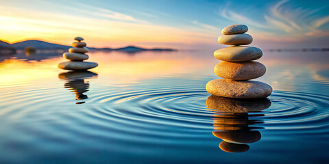 On the calm surface of a body of water, several stones are stacked in a carefully balanced formation, creating waves around them. The soft orange tones of the water are reflected in the water.AI gener