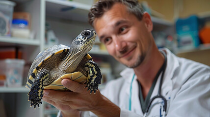 Examination of a turtle at the veterinary specialist - reptile doctor