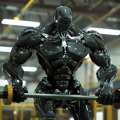robot in the gym with a barbell