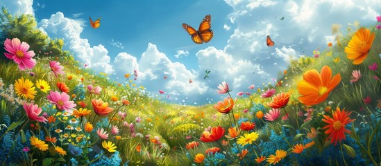 Colorful Brazilian landscape illustration, butterflies, children's day flower viewing, playing, happy pastoral style, beautiful, outdoor，Joyful Children Celebrating Brazilian Landscape with Colorful 