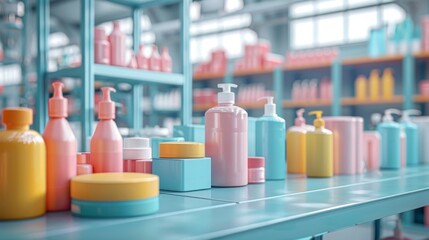 A colorful display of various beauty products on a blue counter