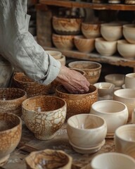 A man is touching a pottery bowl