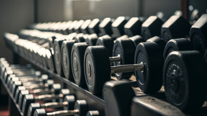 Equipped for Strength: An Inspiring Photo of Dumbbells Aligned at the Gym.