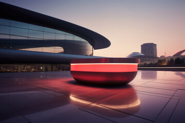 Red empty pedestal in front of tower building. Empty platform illuminated by neon lights, dark cityscape at night, futuristic backdrop for product podium showcasing in outdoor environment