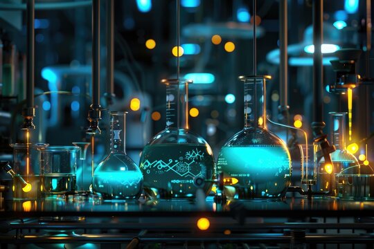 Dark, dramatic 3D render of an electrochemistry setup with electrodes and solutions glowing under subtle lighting,