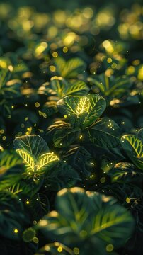 Dark, evocative 3D render of a plants photosynthesis process with chloroplasts glowing in low light,