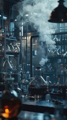 Moody 3D scene of a pharmaceutical chemistry lab with drugs being synthesized under low, dramatic lighting,