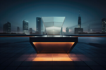 Futuristic empty podium platform illuminated by neon lights, standing out against the dark cityscape of the night, modern backdrop for product showcasing