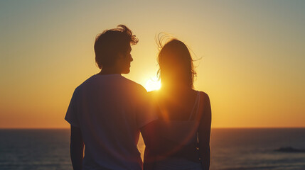 Young couple watching the sunset on a beach
