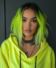 Fototapeta premium Green-haired Woman in Yellow Hoodie