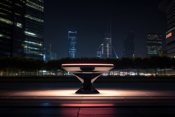 Podium silhouette in city skyline at night. Neon pedestal, platform against dark cityscape, futuristic ambiance for product presentation in outdoor urban environment