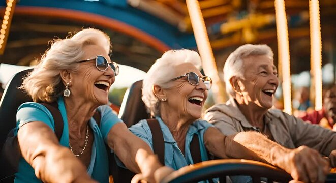 Senior friends on a roller coaster.