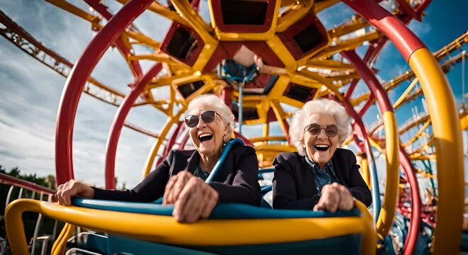 Senior friends on a roller coaster.