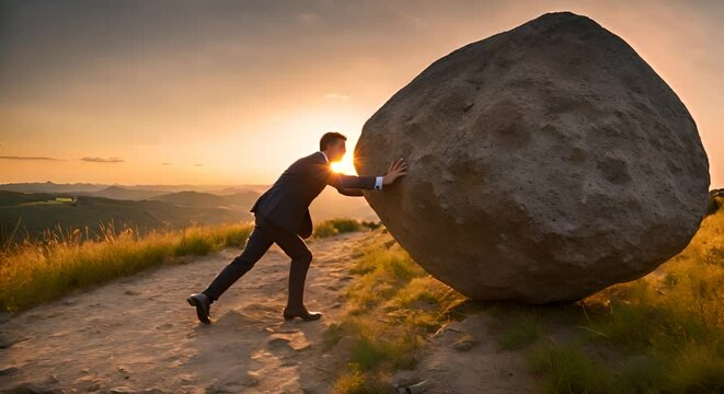 Businessman pushing a rock.